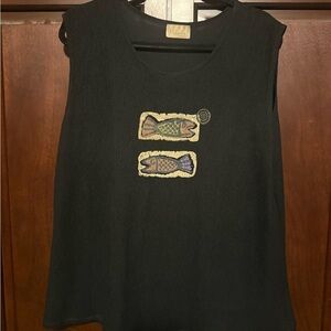 Hypnotic Black Tank Top with Multicolor Fish Motif, Fits size L